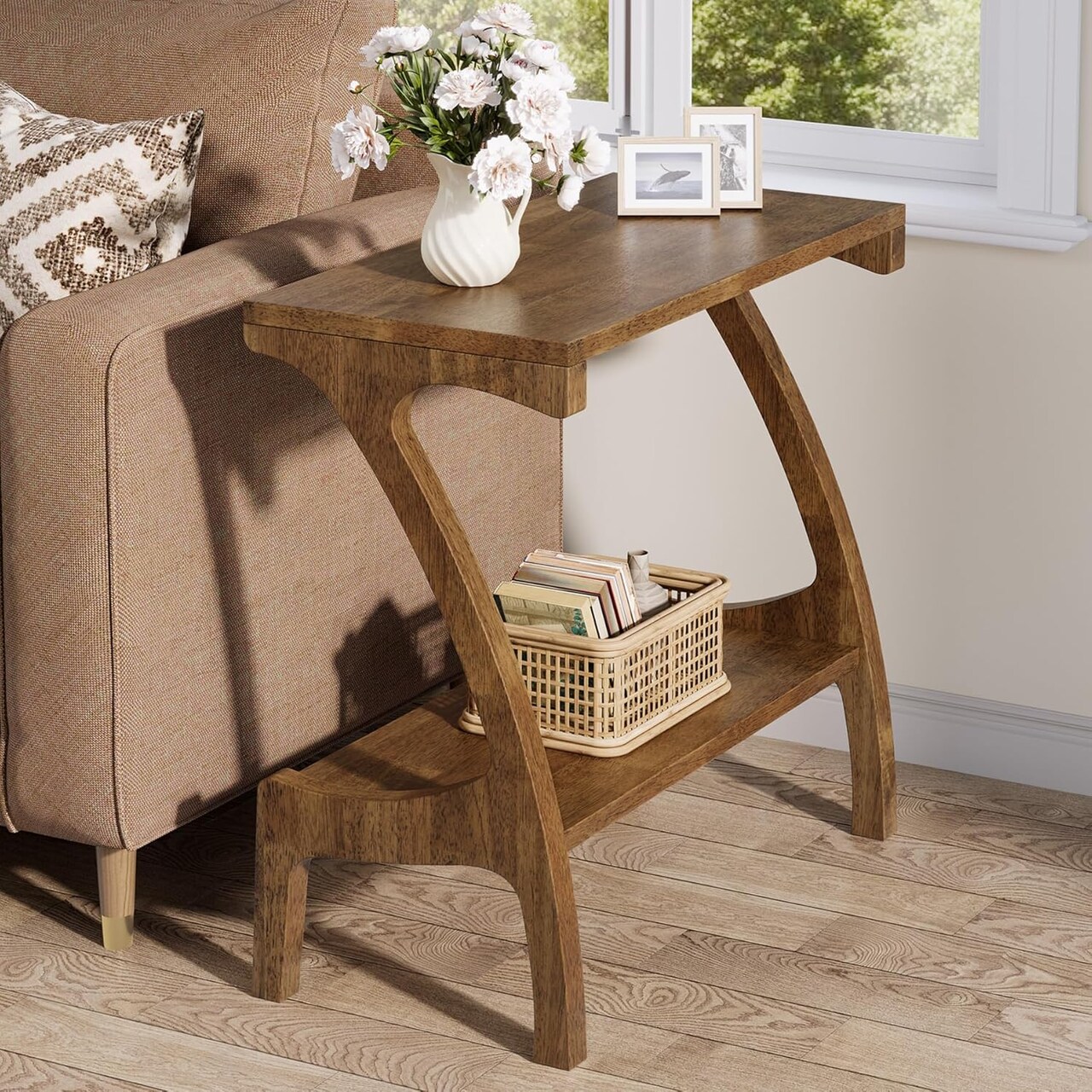 Brown Solid Wood End Table 2-Tier Semicircular Mid-Century Modern